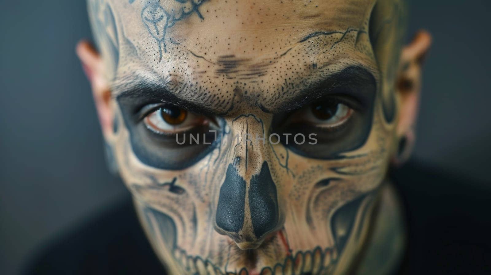 A man with a skull painted on his face and tattoos, AI by starush
