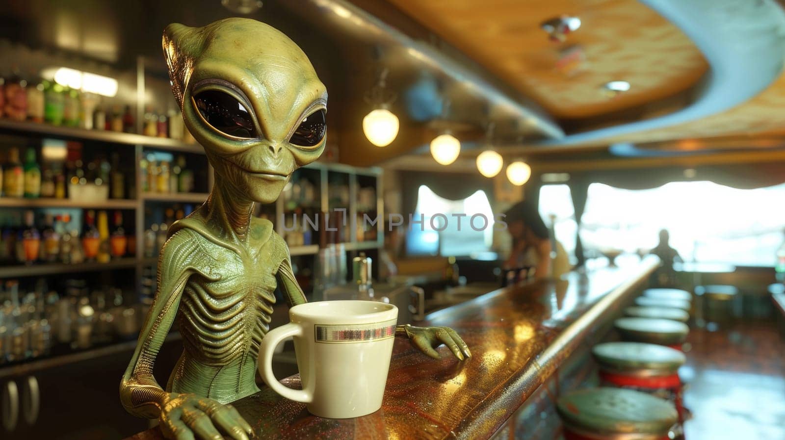 A green alien sitting at a bar with coffee in hand