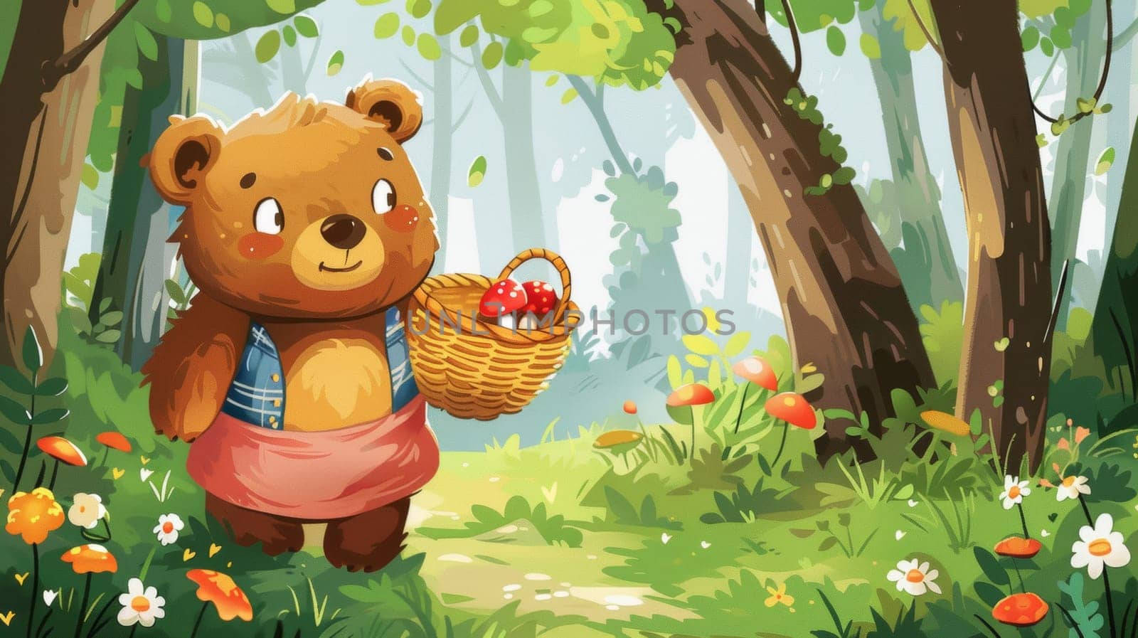 A cartoon bear with a basket of food in the woods, AI by starush