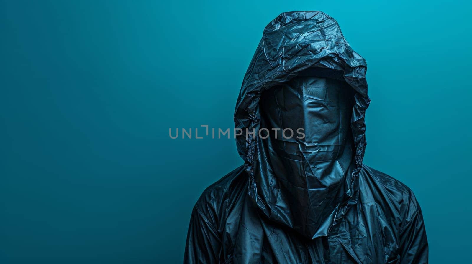 A person wearing a black rain jacket with hood up against the wall, AI by starush