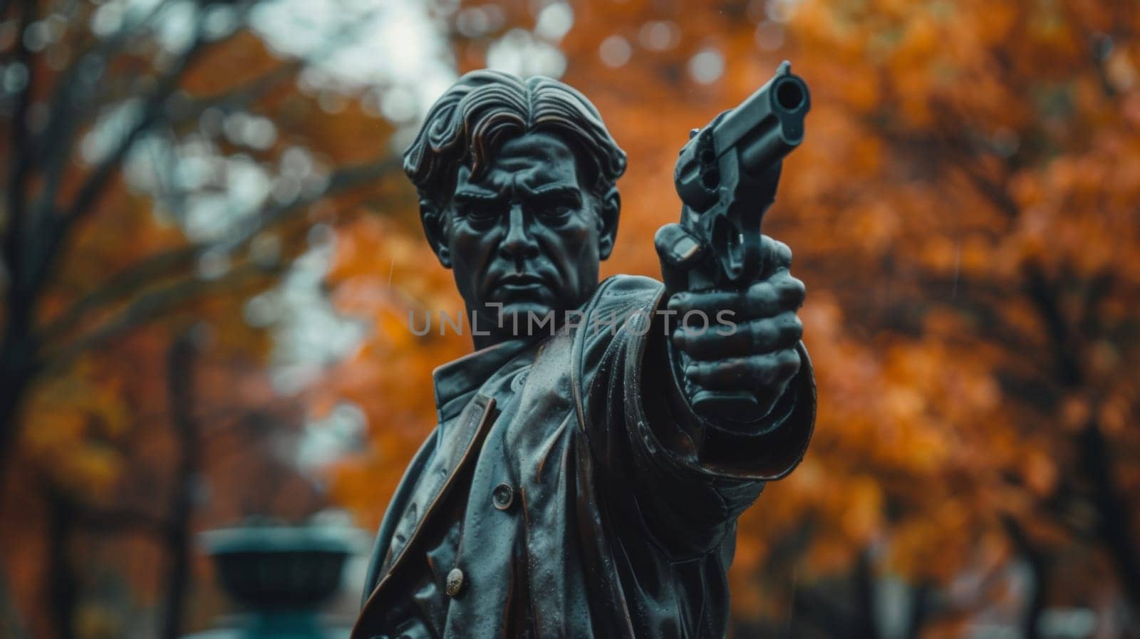 A statue of a man holding up his gun in front of trees