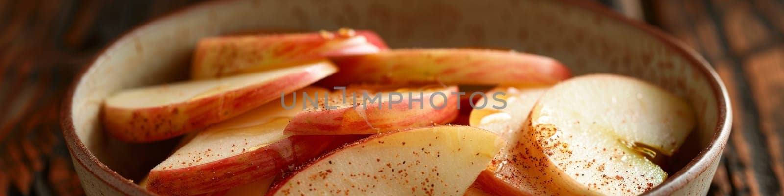 A bowl of sliced apples on a wooden table with brown background, AI by starush