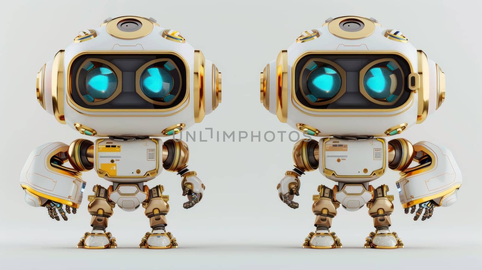 Two robots with blue eyes and gold accents on their bodies