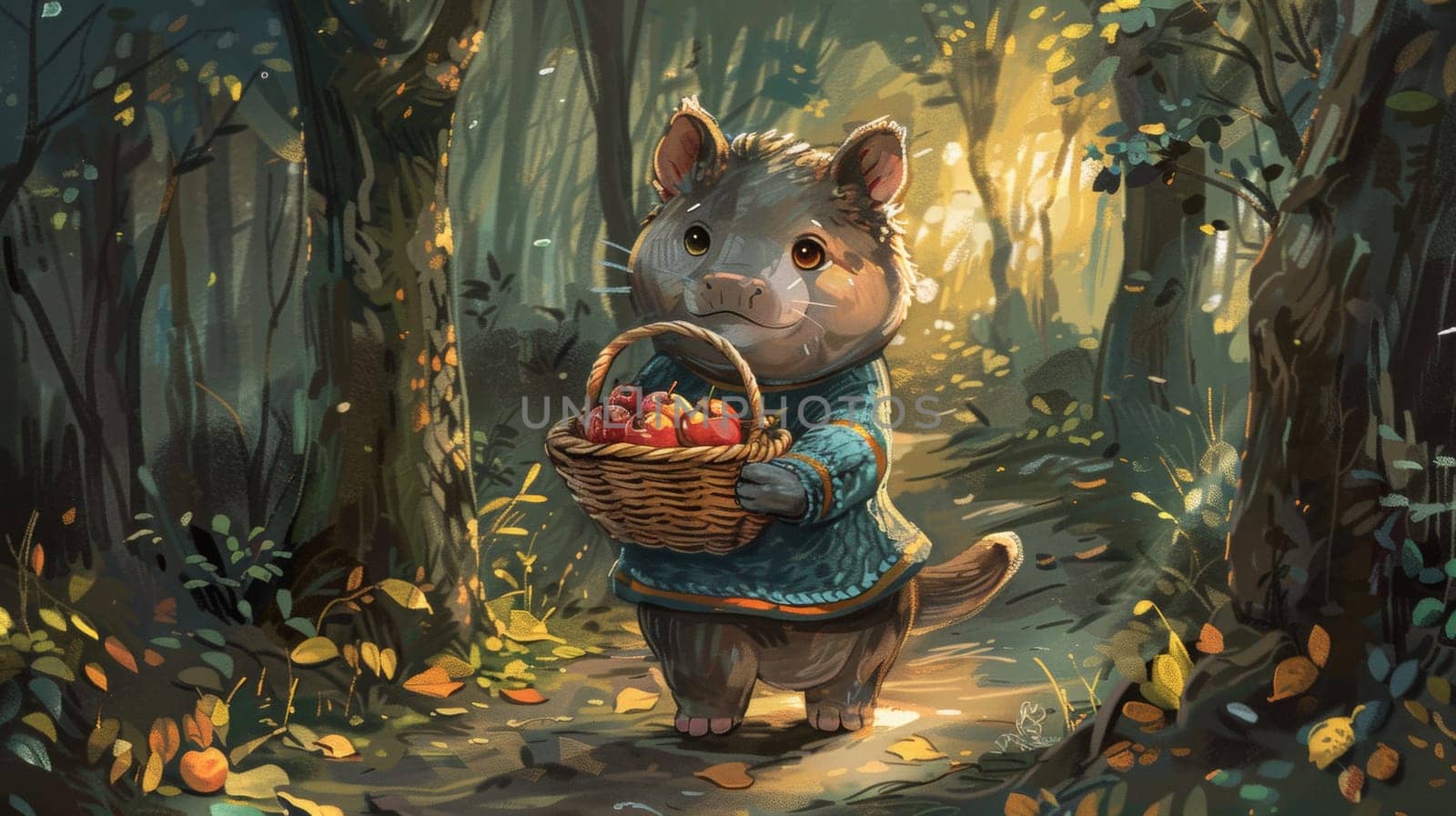 A cartoon cat holding a basket of apples in the woods, AI by starush