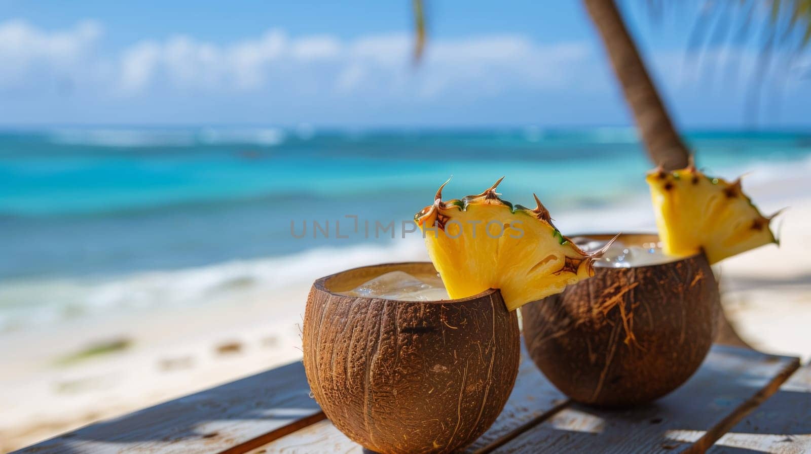 Two coconut drinks with pineapple slices on top of a table, AI by starush