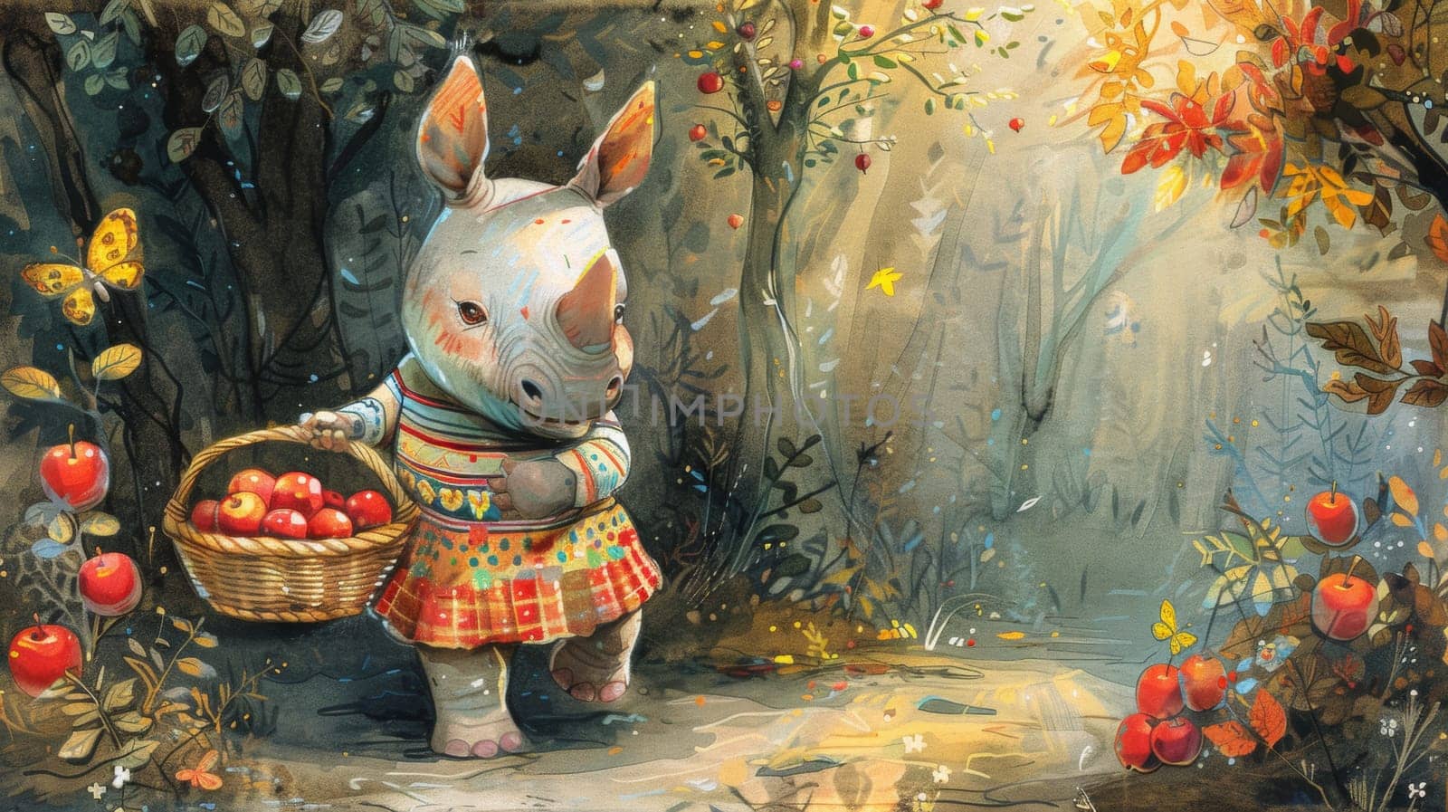 A painting of a rhino holding an apple basket in the woods