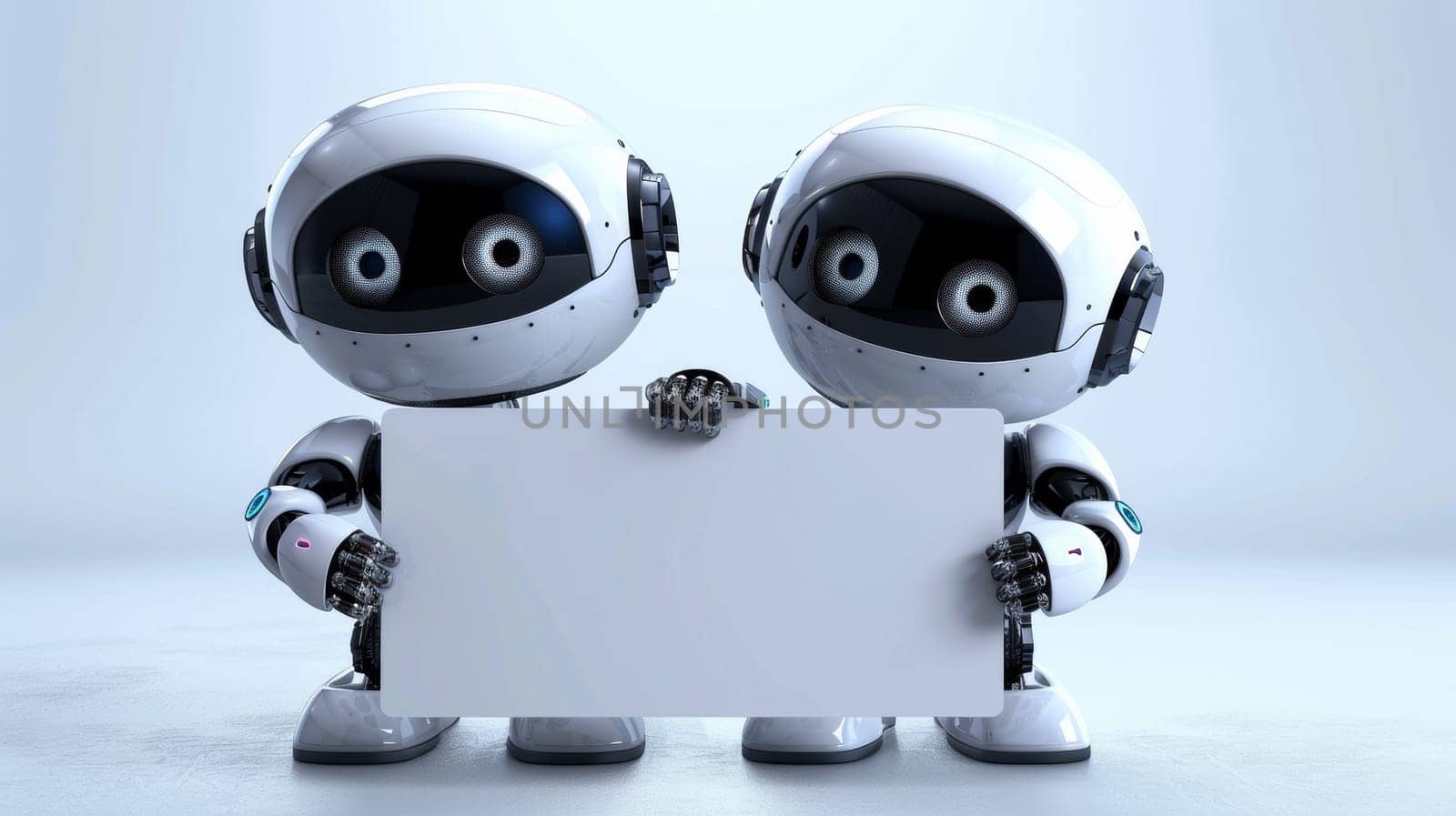 Two robots holding a blank sign in front of them