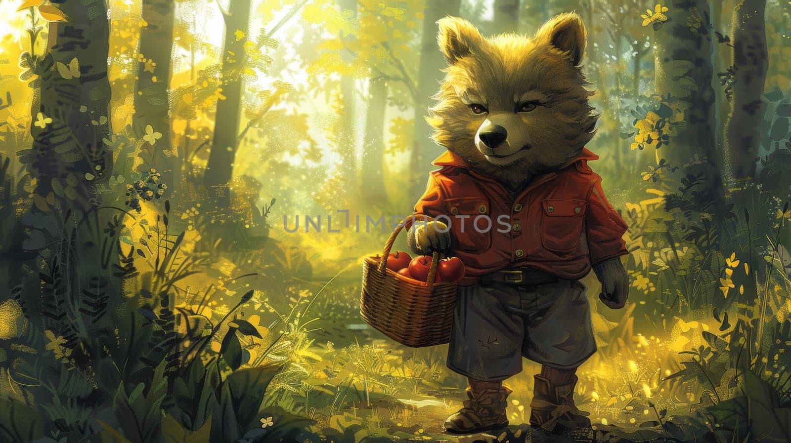 A cartoon bear with a basket of apples in the woods, AI by starush