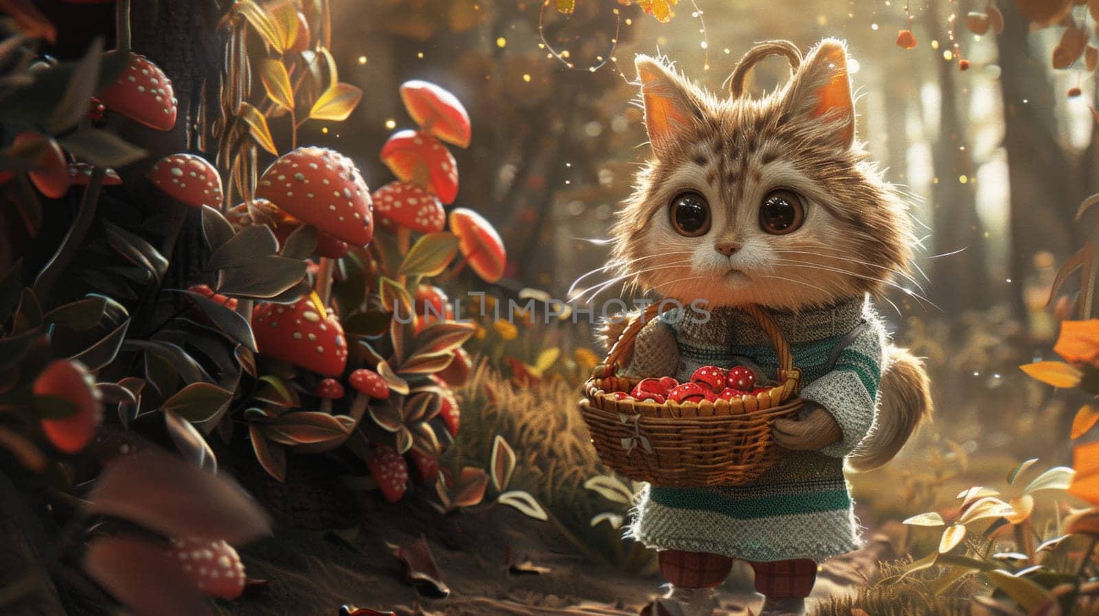A cartoon cat holding a basket of fruit in the woods, AI by starush