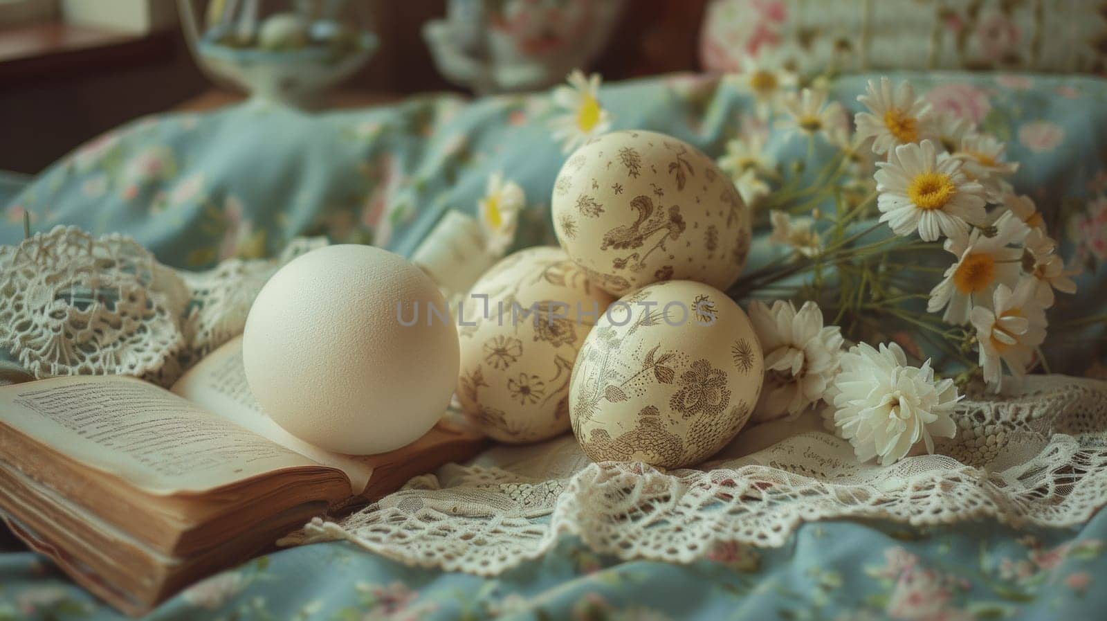 A book, eggs and flowers on a bed with lace
