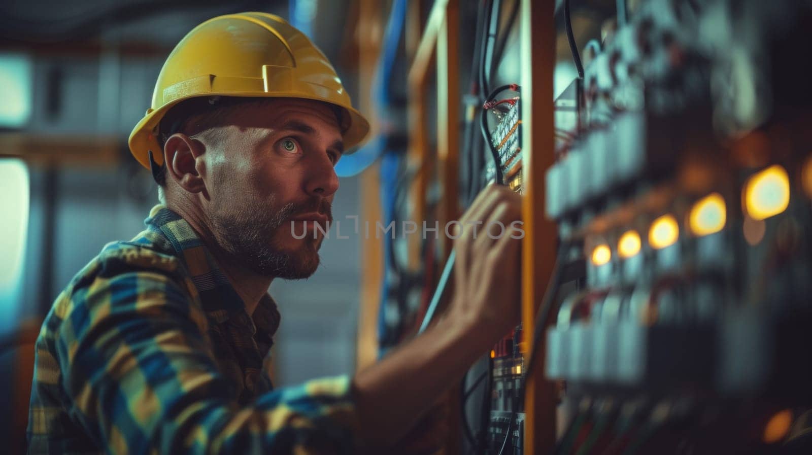 A man in a hard hat looking at some wires, AI by starush