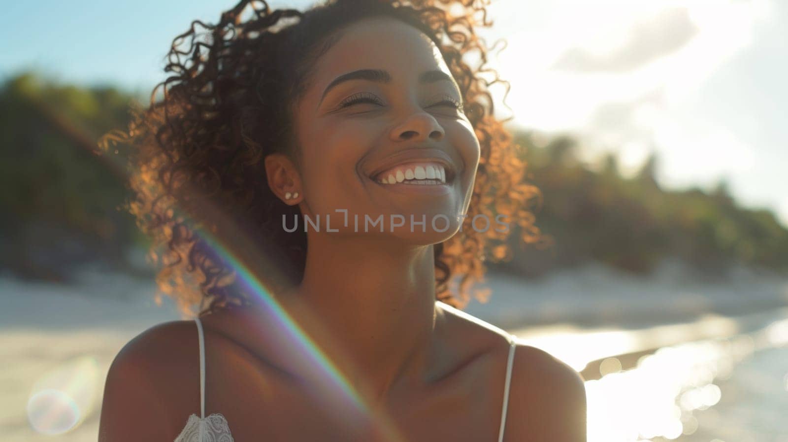 A woman with curly hair smiling at the camera on a beach