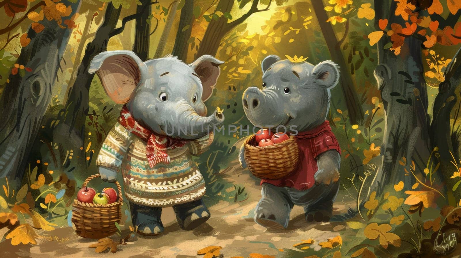 Two elephants are walking through a forest with apples in baskets, AI by starush