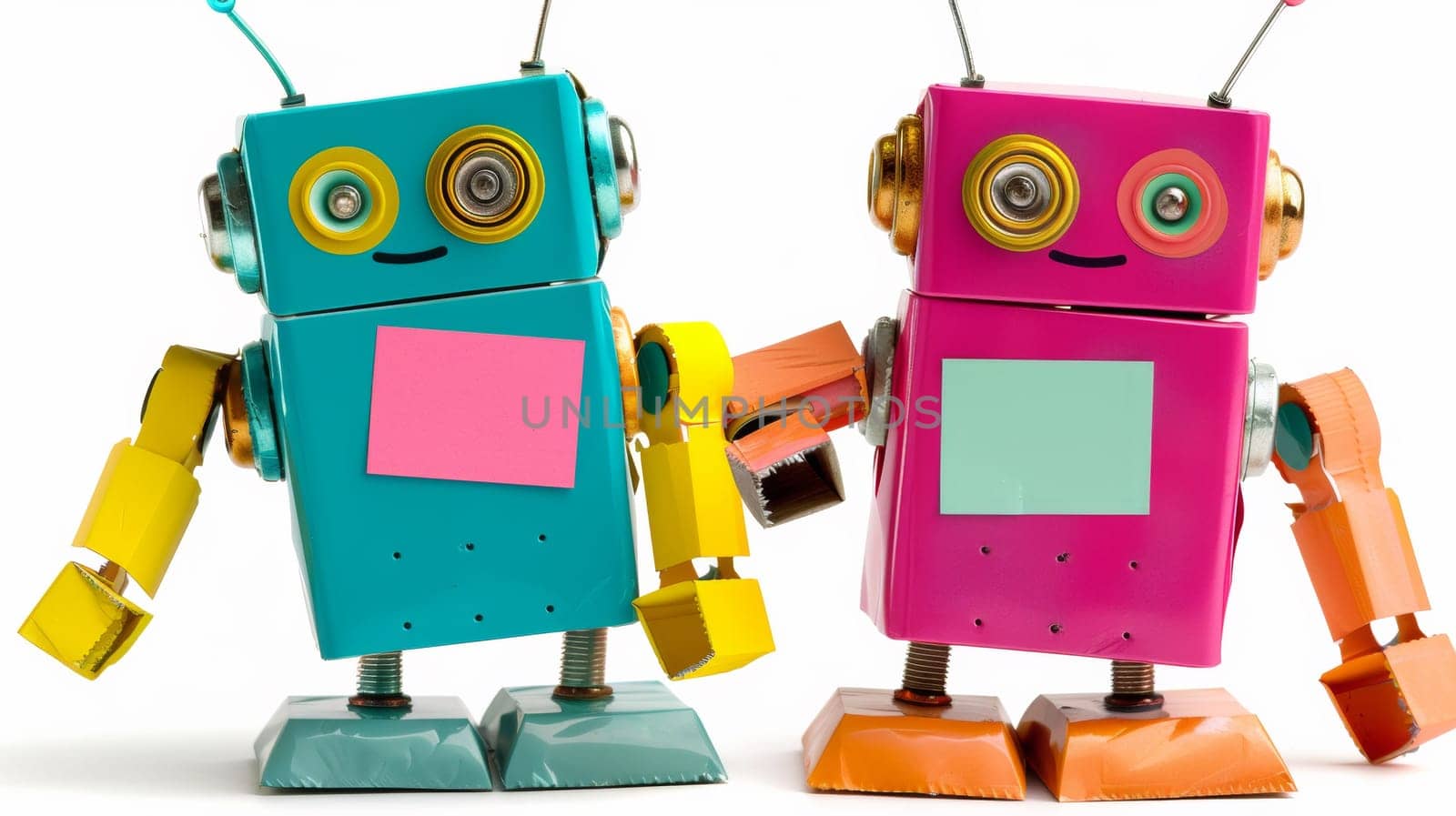 Two colorful robots with sticky notes attached to their backs, AI by starush