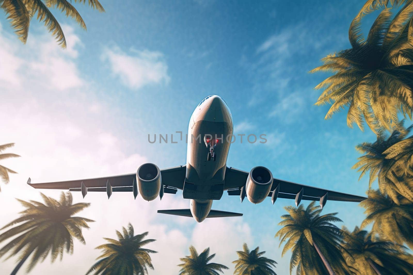 Airplane over tropical palm tree. Island sky. Generate Ai