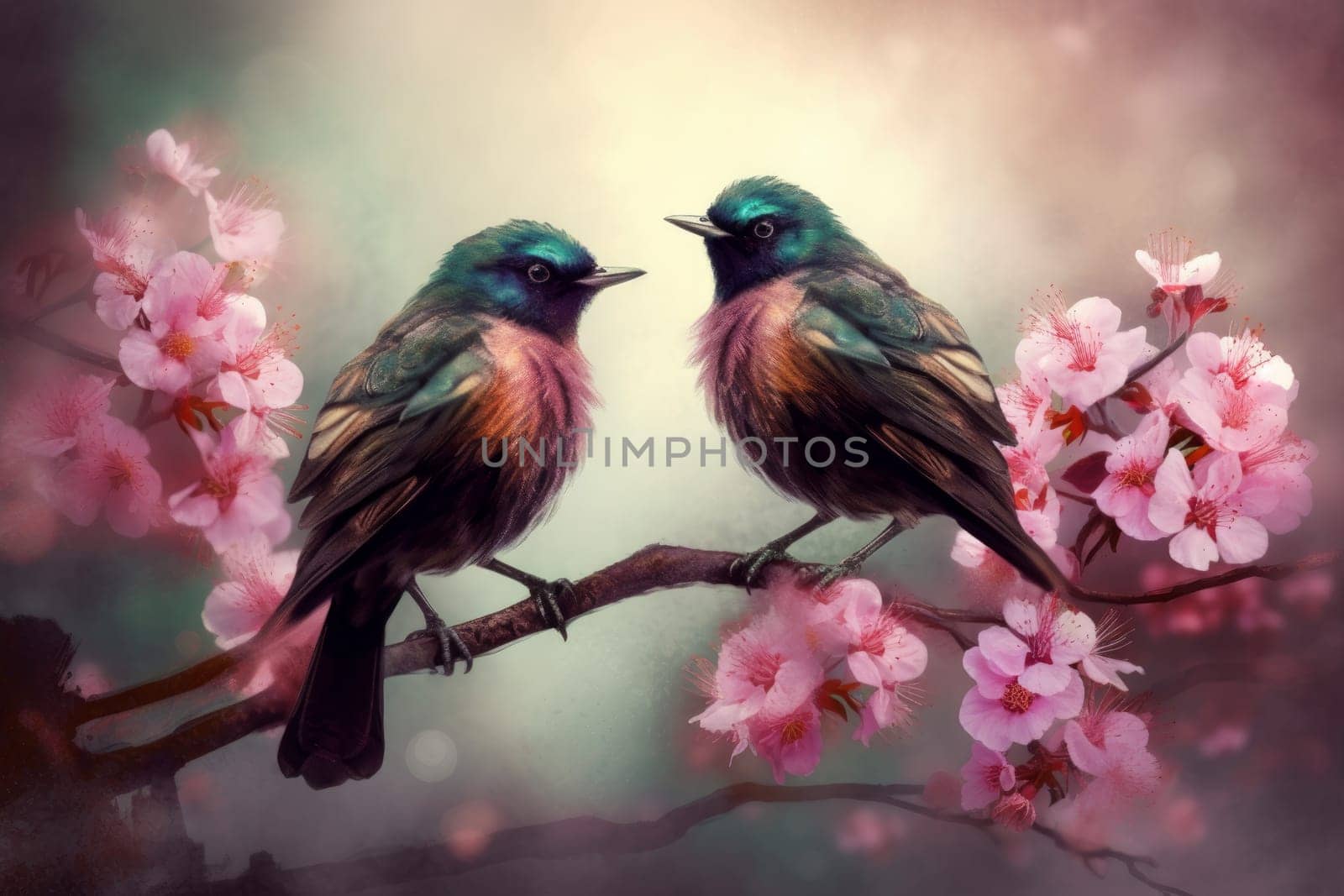 Birds tree branch flowers. Wild bird day. Generate Ai