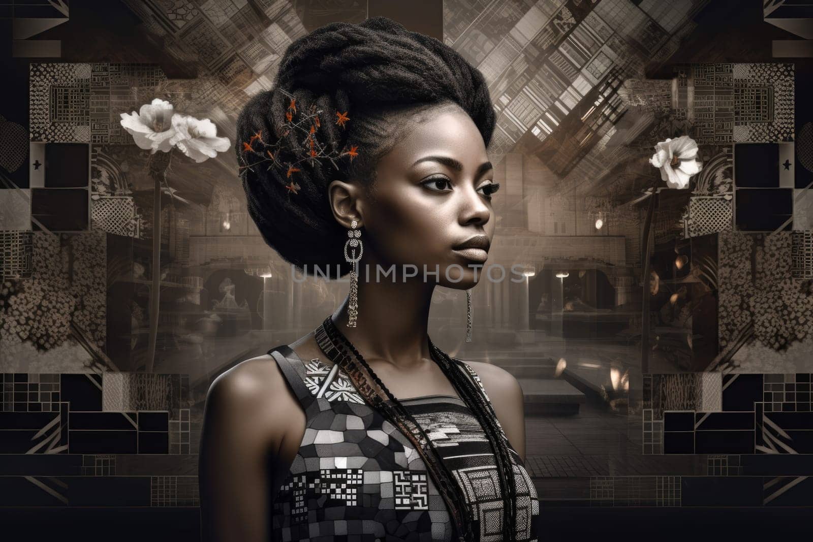 Black woman head. Golden creative woman. Fictional person. Generate Ai