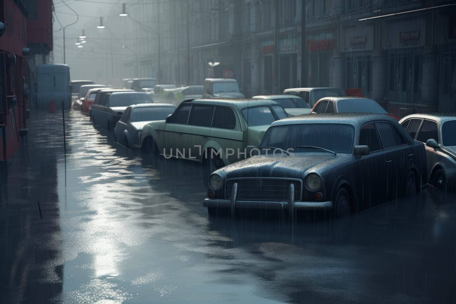 Cars city flood. Street road rain. Generate Ai