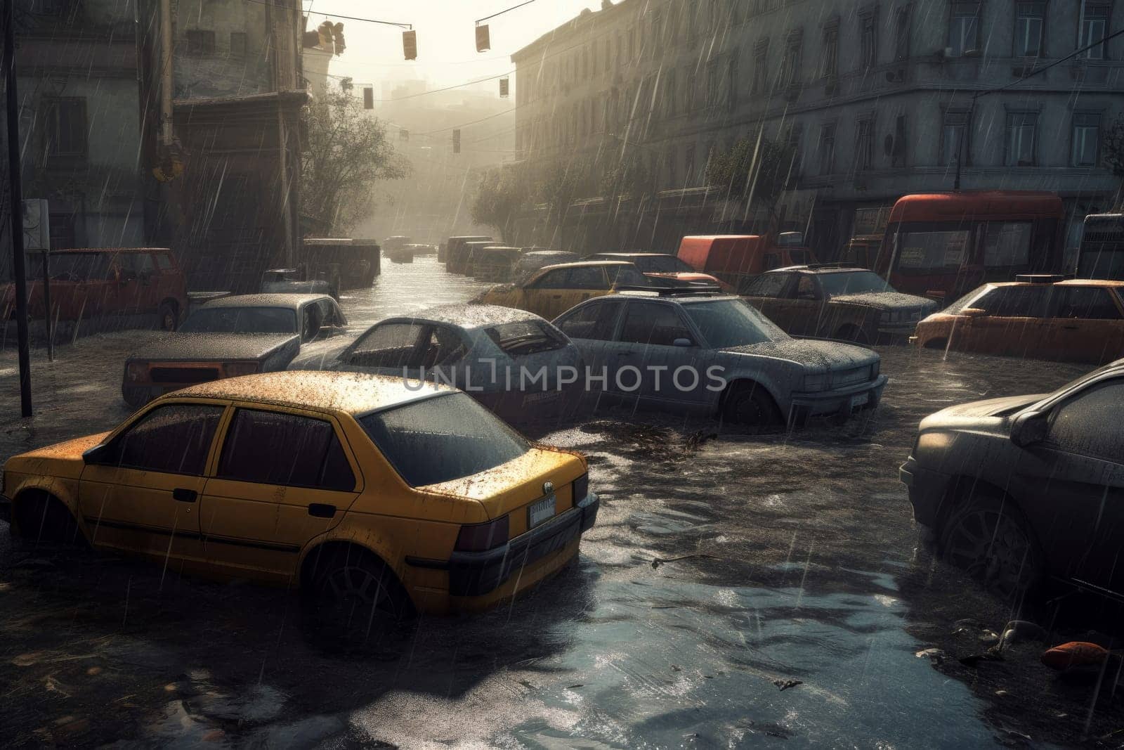 Cars city flood with sun. Generate Ai by ylivdesign