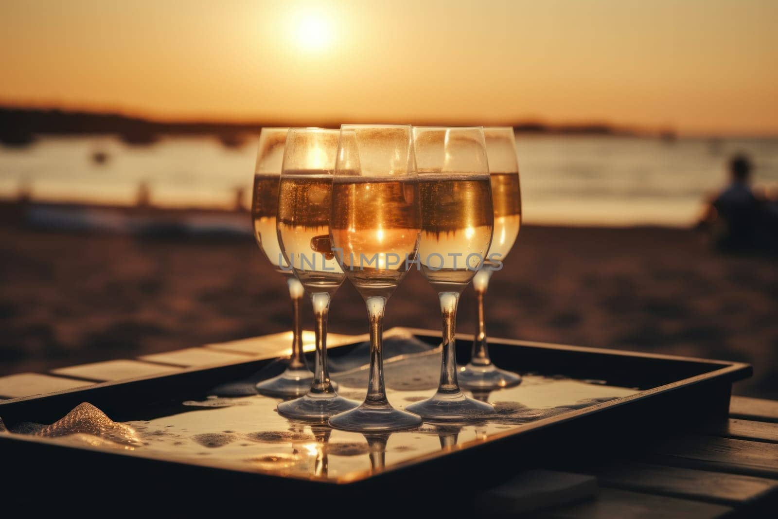 Champagne glasses beach travel. Holiday romantic. Generate Ai