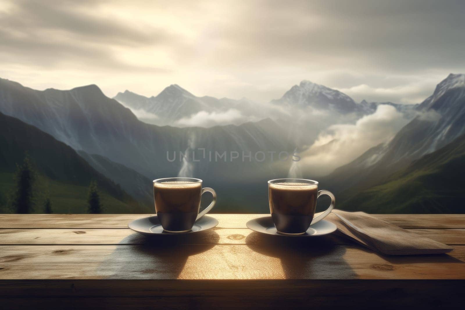 Coffee mountains on table. Generate Ai by ylivdesign