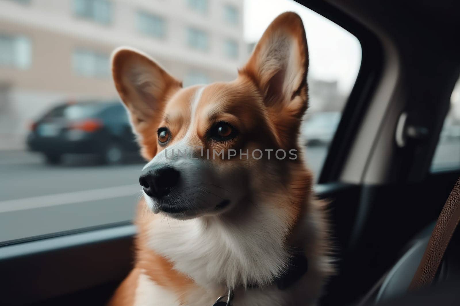 Corgi dog car trip. Animal funny. Generate Ai