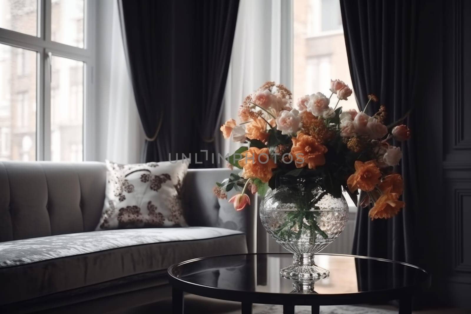 Flowers glamorous interior vase. Hotel apartment. Generate Ai