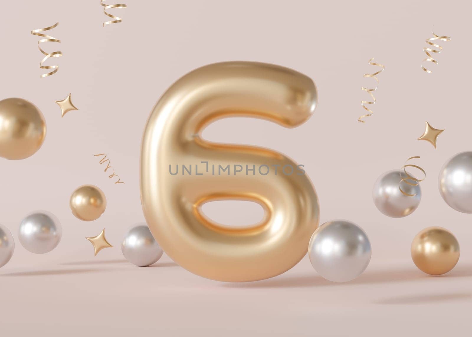 Golden number six with bubbles and confetti on beige background. Symbol 6. Invitation for a sixth birthday party, business anniversary, or any event celebrating sixth milestone. 3D render