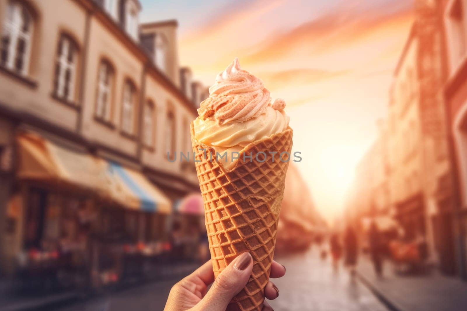 Holding ice cream street. Summer city food. Generate Ai