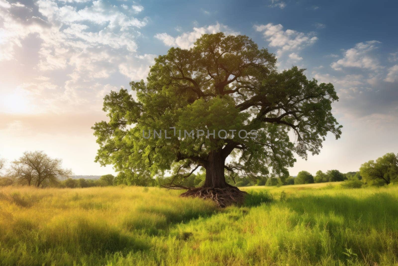 Landscape oak tree. Grass nature. Generate Ai