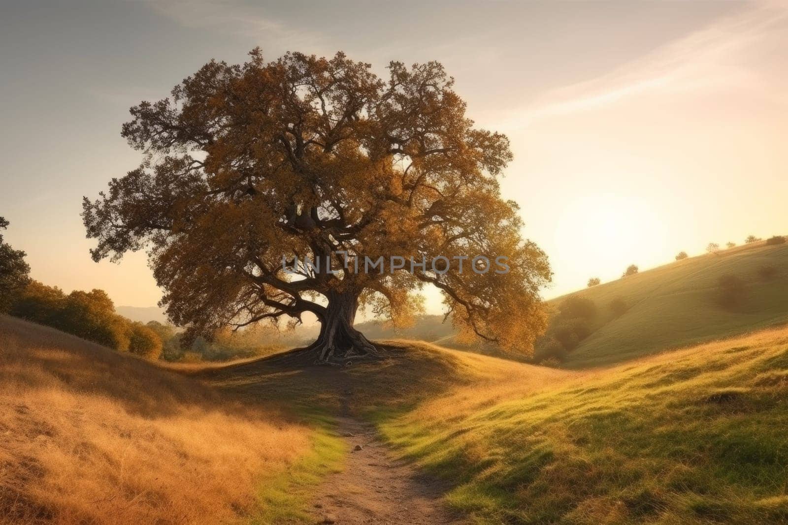 Landscape oak tree sunset. Sunny hill. Generate Ai