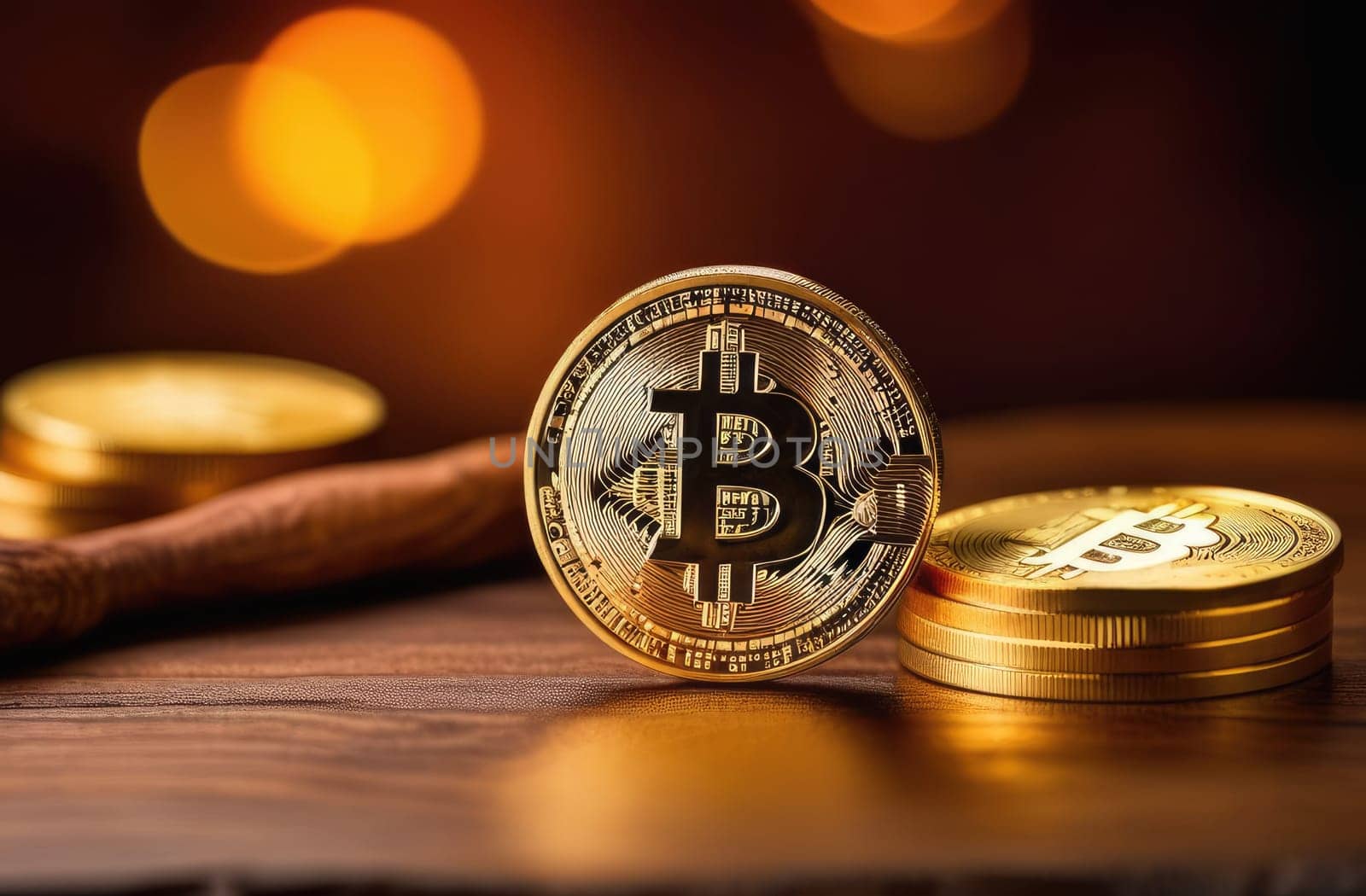 Golden shiny bitcoin coins close-up on a wooden table. Dark background. Payment system concept. Bokeh.