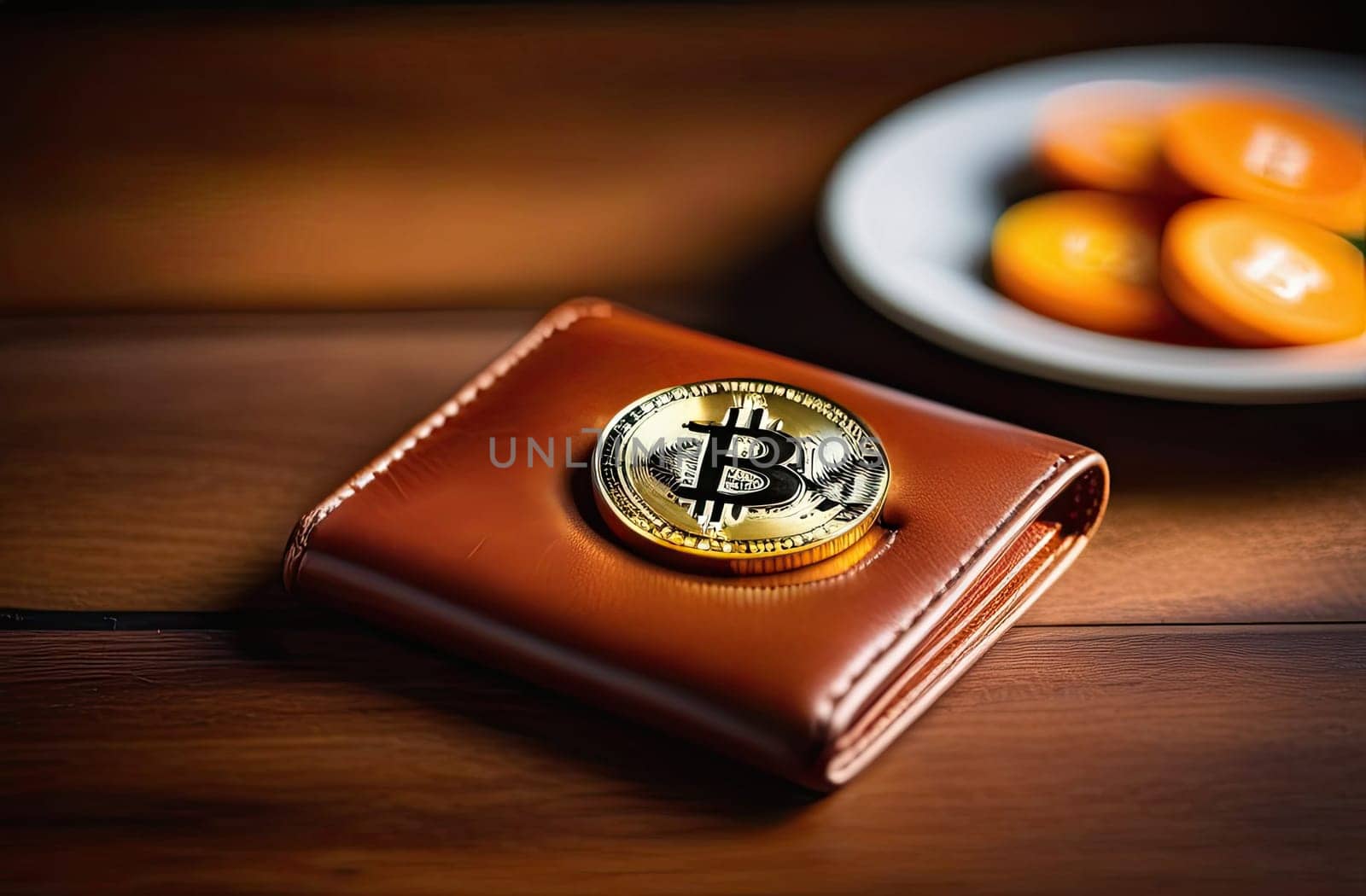 Concept. A bitcoin gold coin lies on a wallet on a wooden table. Expensive cryptocurrency, mining. Close-up.