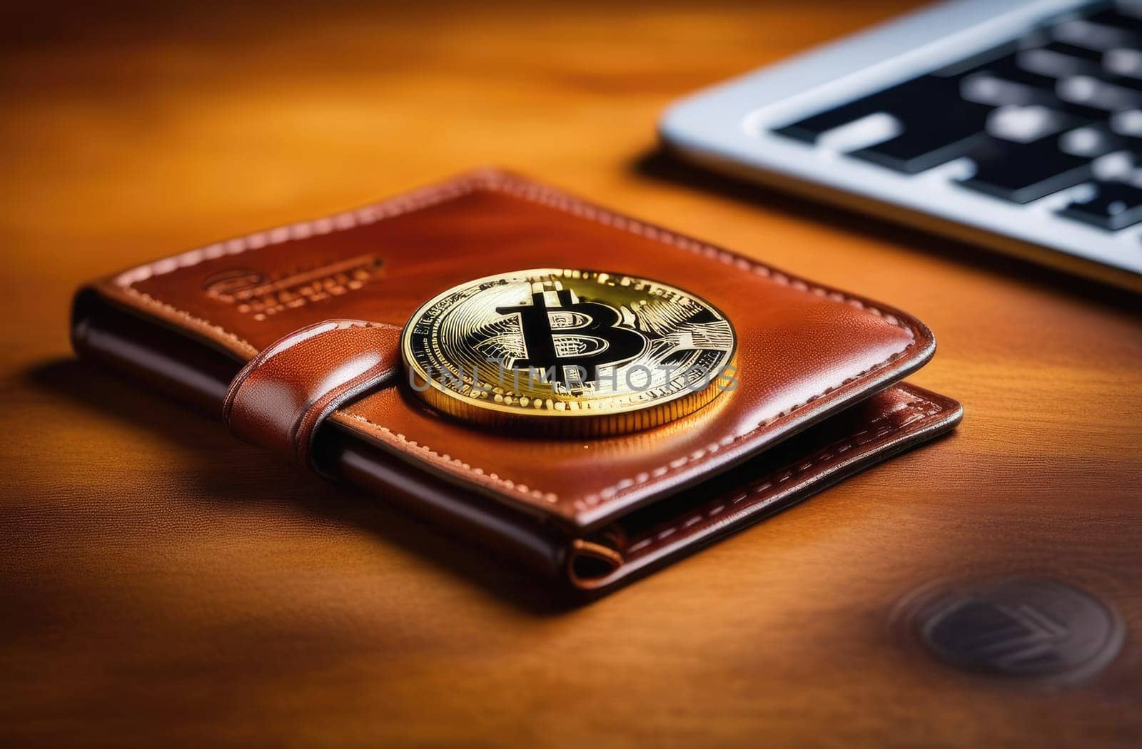 Concept. A bitcoin gold coin lies on a wallet on a wooden table. Expensive cryptocurrency, mining. Close-up.