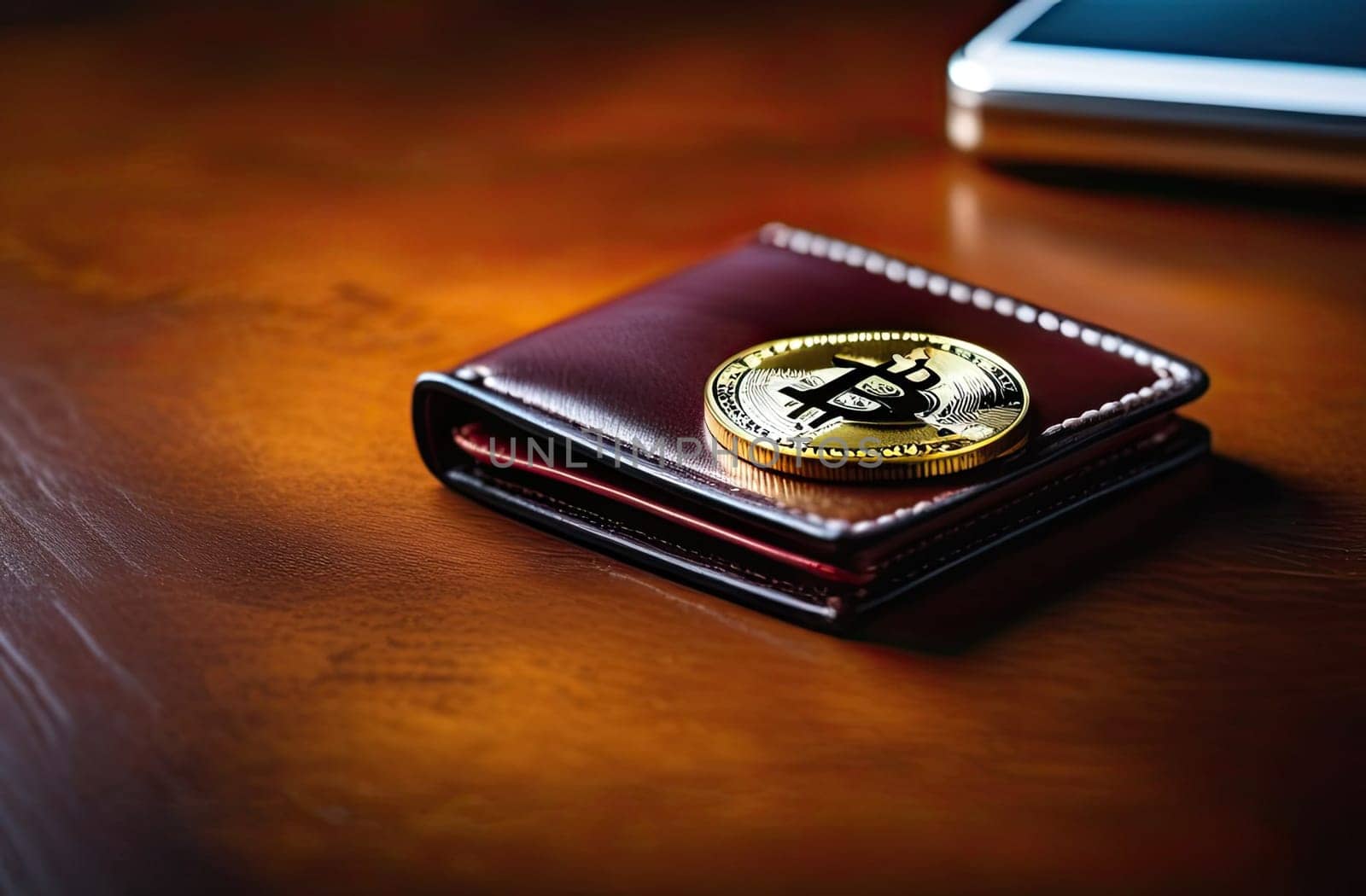 Concept. A bitcoin gold coin lies on a wallet on a wooden table. Expensive cryptocurrency, mining. Close-up.