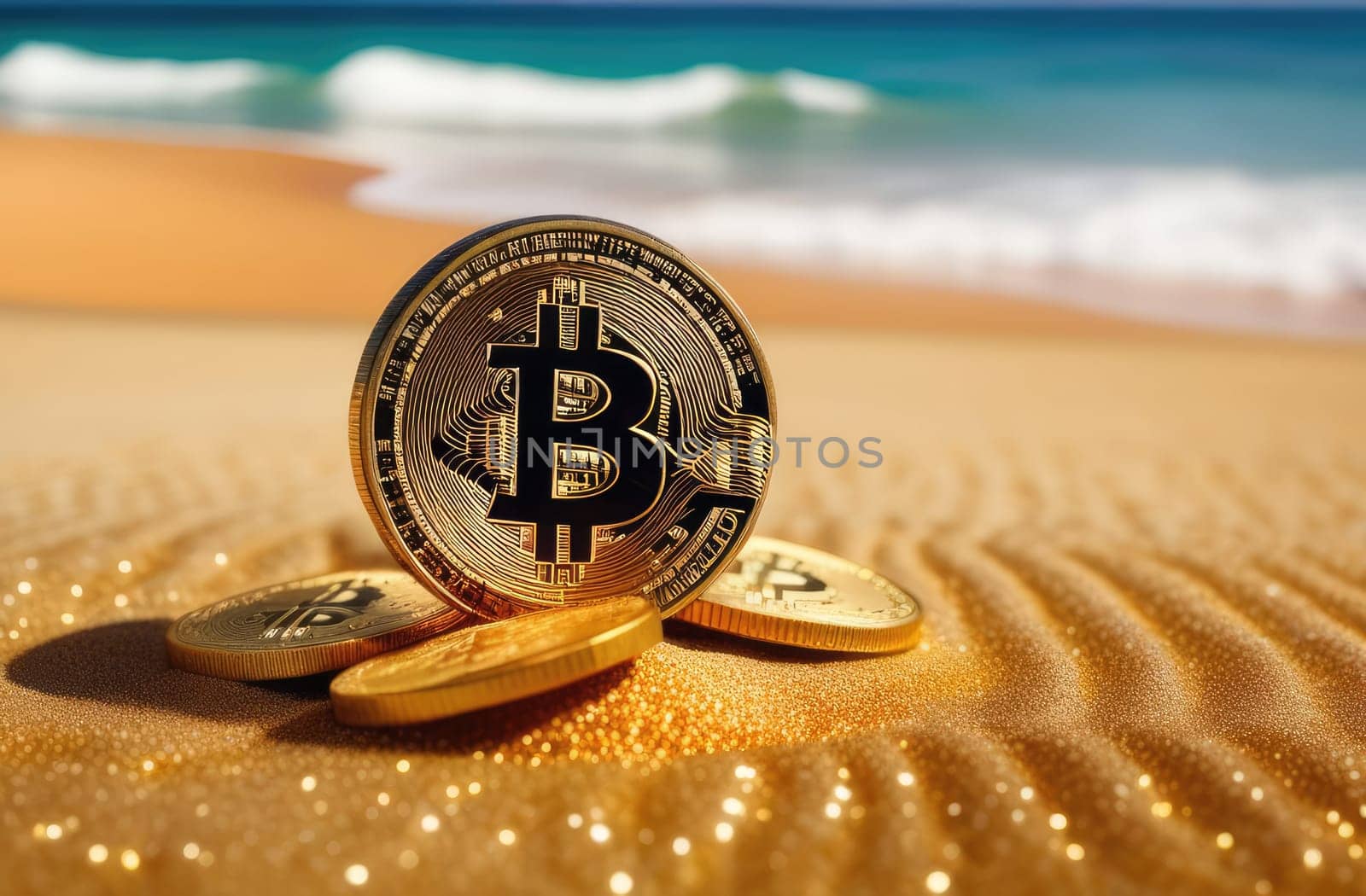 Concept. Bitcoin gold coins lie on the sand, near the ocean. Expensive cryptocurrency, mining. Close-up. by ketlit
