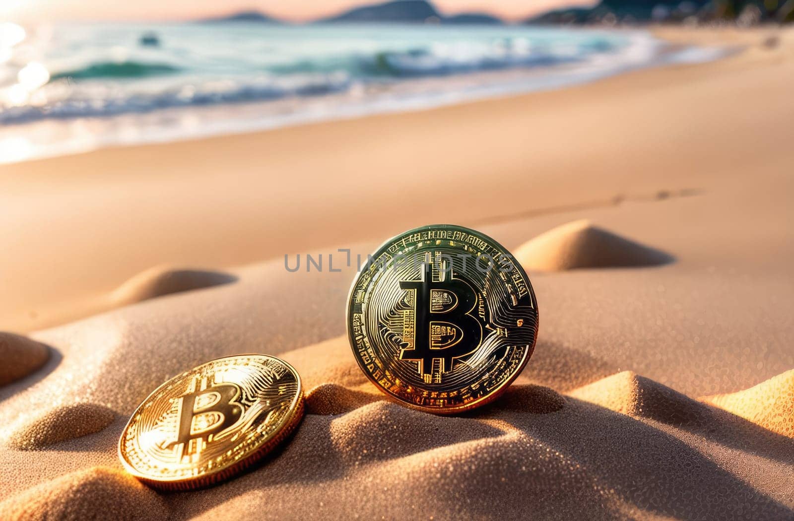 Concept. Bitcoin gold coins lie on the sand, near the ocean. Expensive cryptocurrency, mining. Close-up. by ketlit