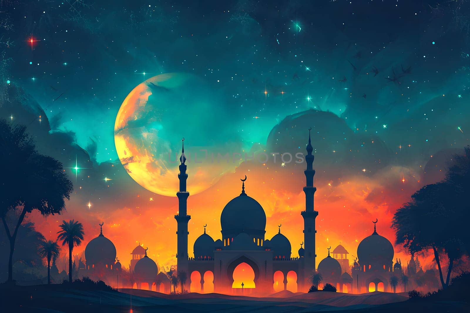 Ramadan mosque with night afterglow sky with crescent. Neural network generated in January 2024. Not based on any actual scene or pattern.