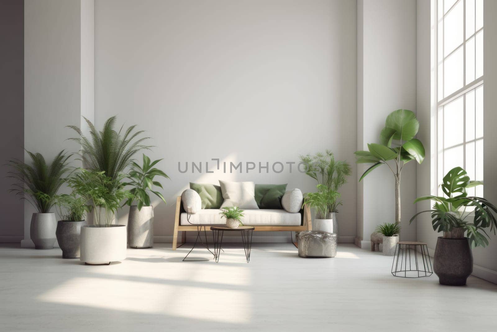 Living room plants sun. Decor indoor. Generate Ai