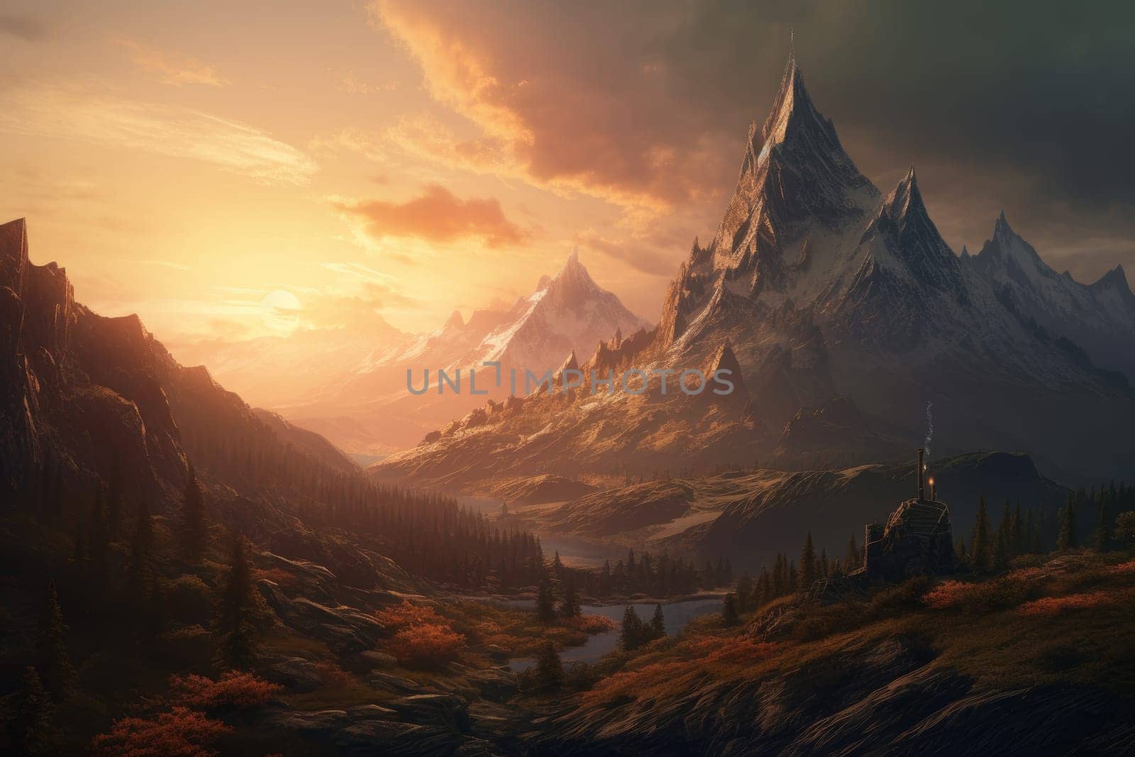 Lonely mountain landscape sunset. Scenic water. Generate Ai