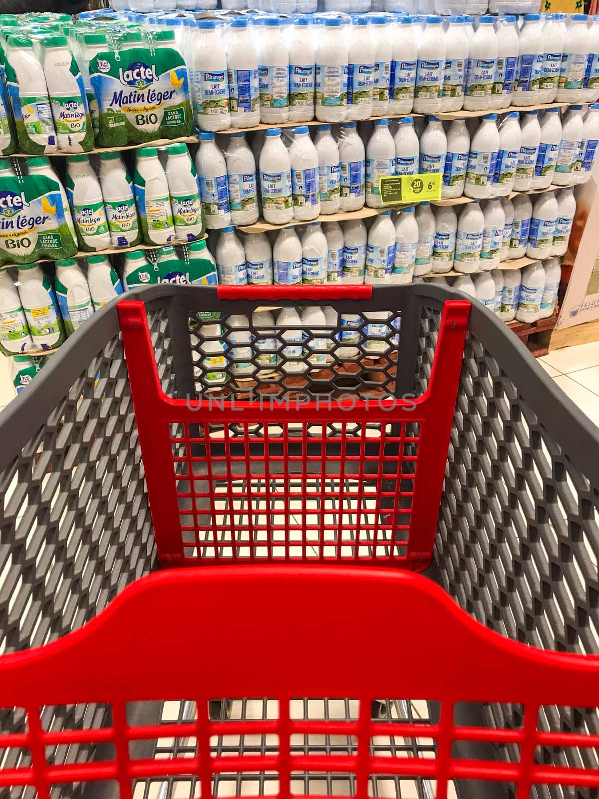 Caddy in a supermarket in front of packs of milk by FreeProd