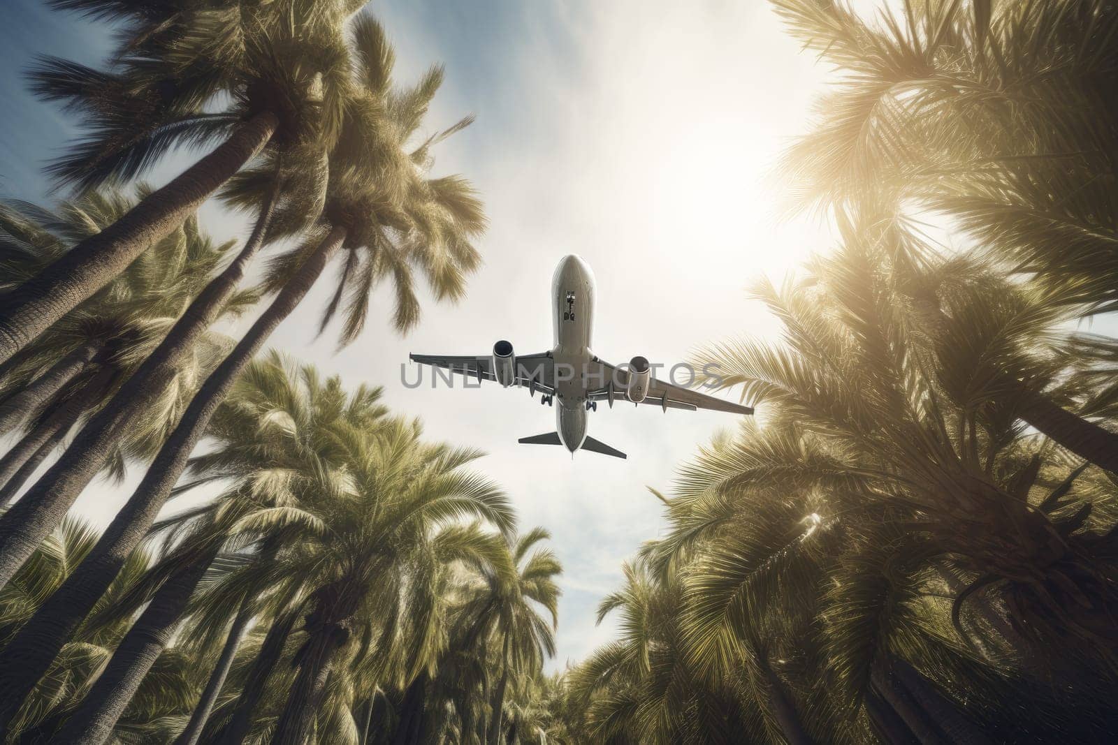 Passenger airplane tropical palm. Generate Ai by ylivdesign