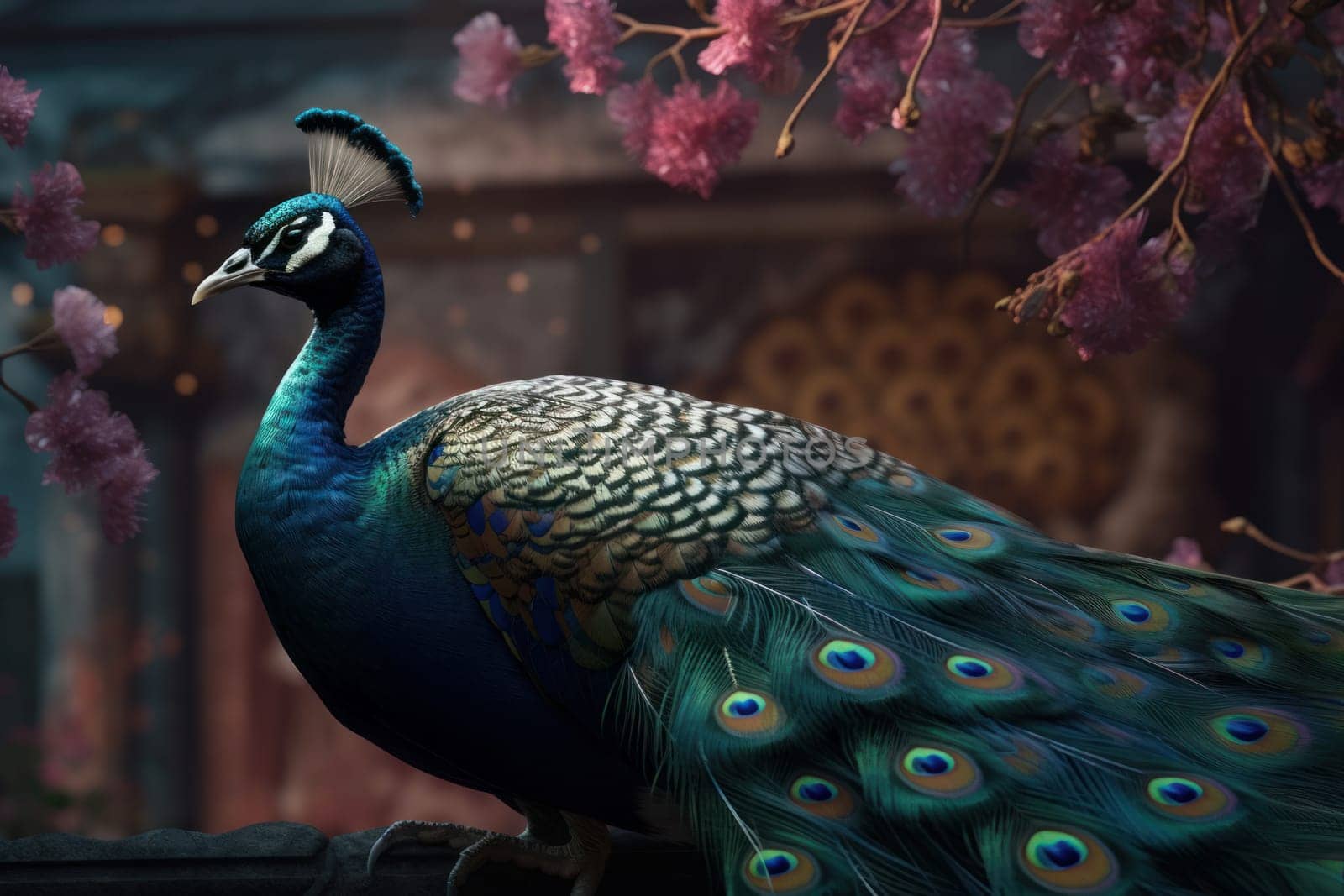 Peacock oriental flower detailed. Nature animal. Generate Ai