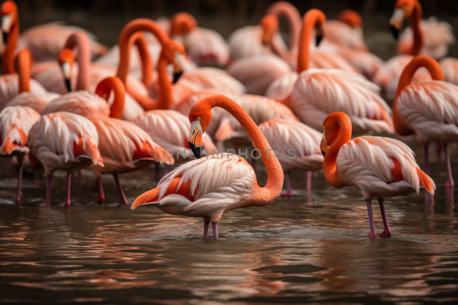 Pink flamingo at lake. Safari zoo. Generate Ai