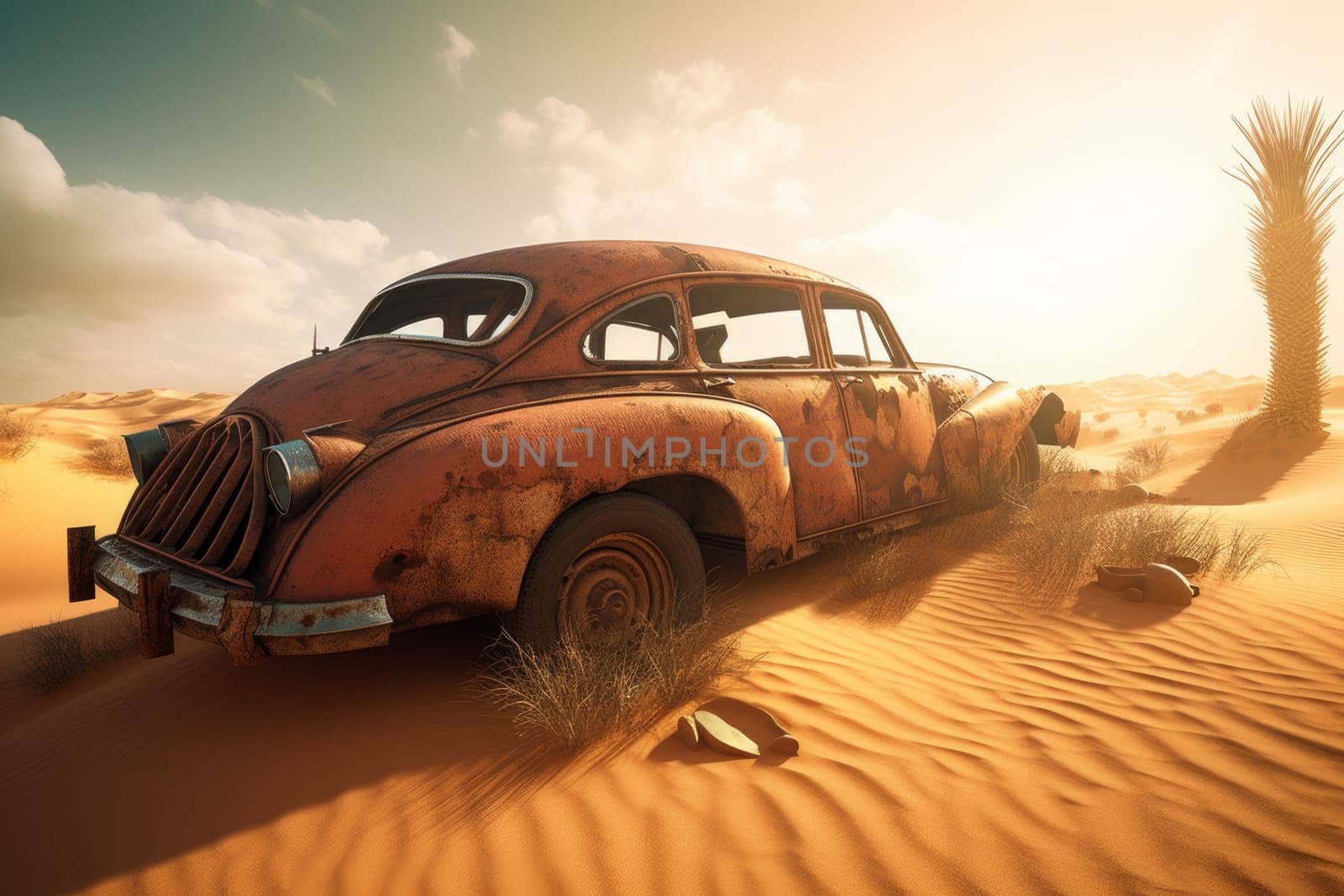 Retro car left rusty. Generate Ai by ylivdesign