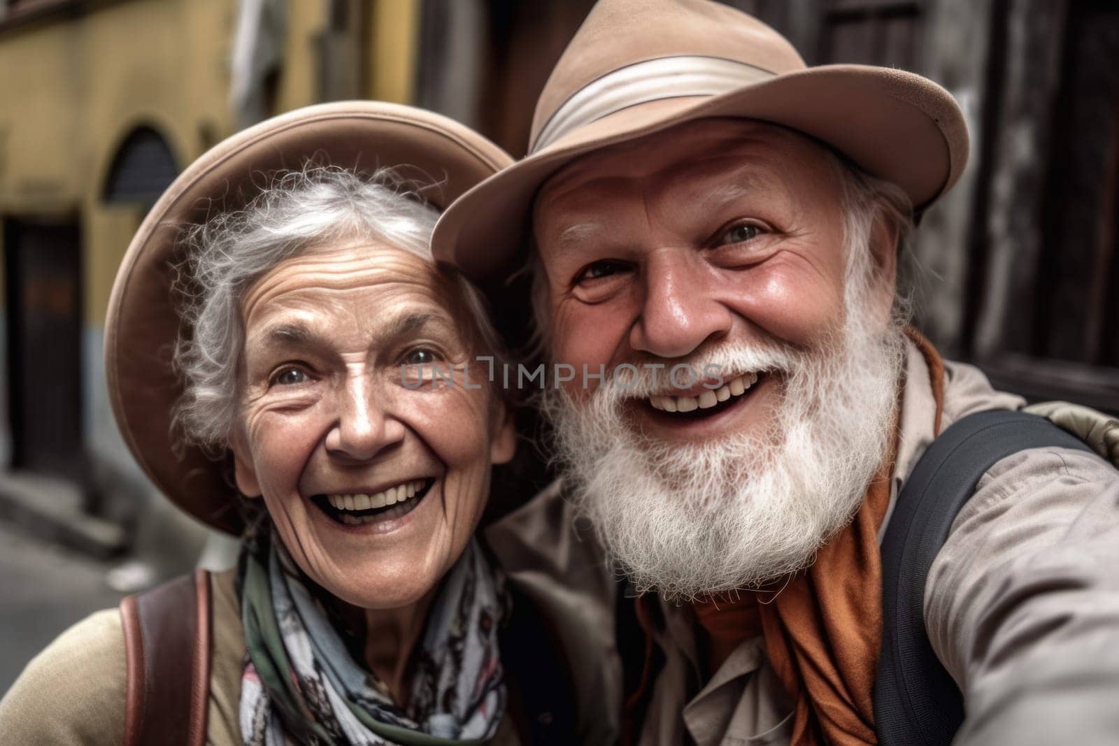 Old couple selfie smiling. Camera senior. Fictional person. Generate Ai