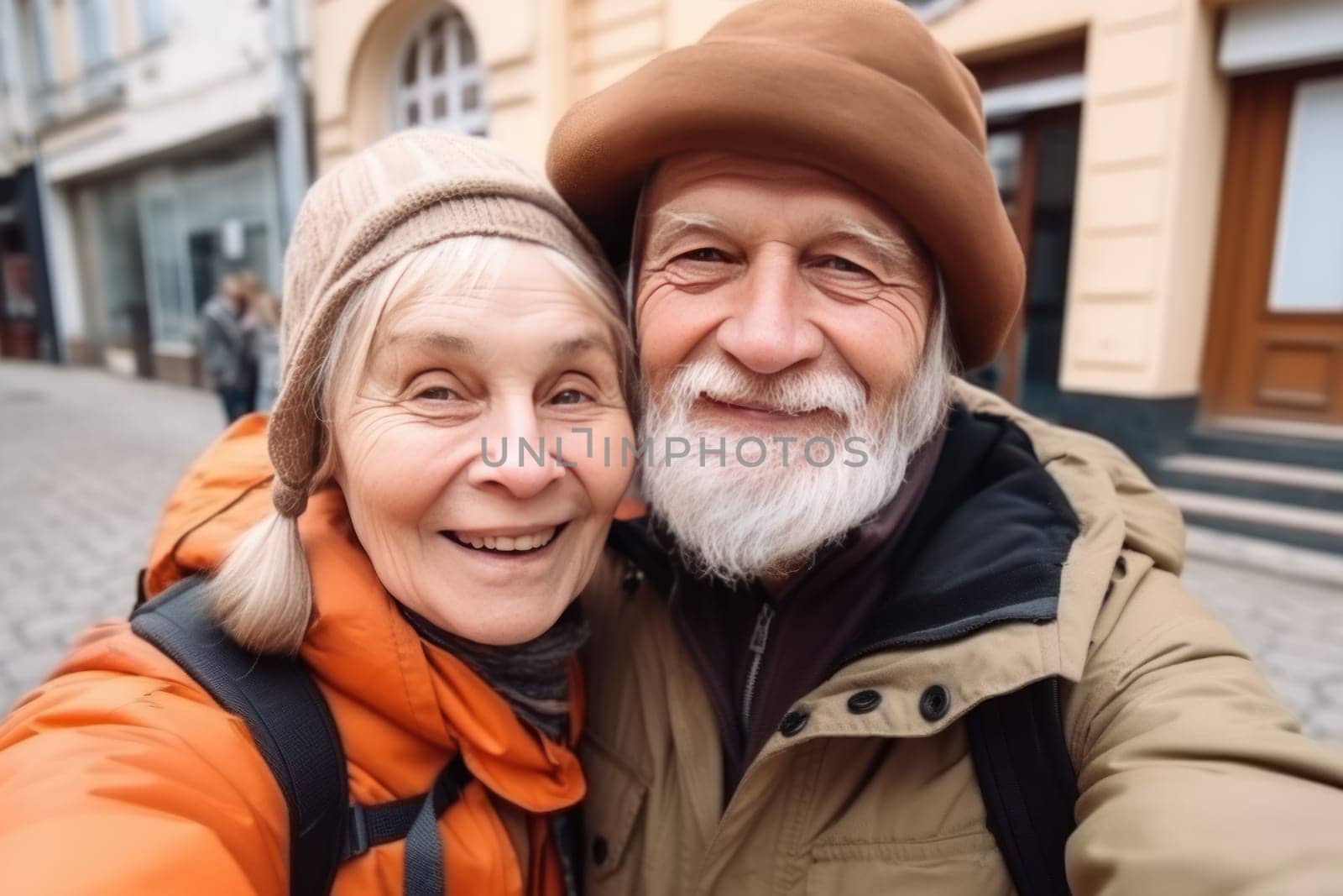 Old couple selfie tourists. Adult camera. Fictional person. Generate Ai