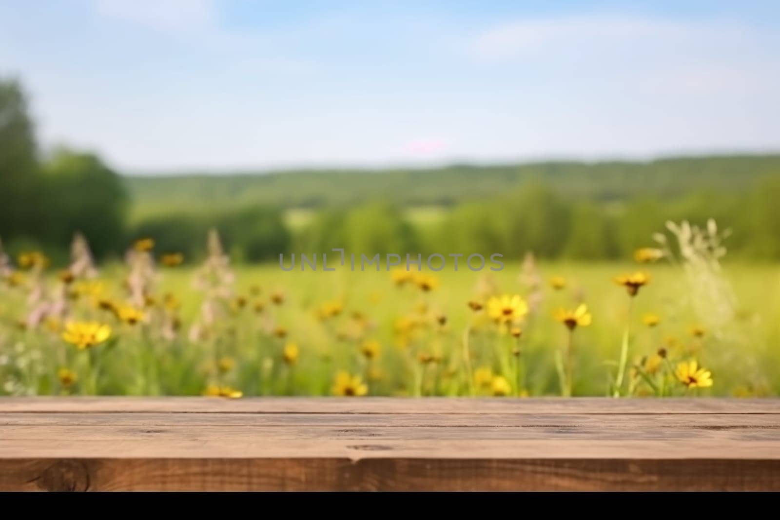 Wooden table flower field. Generate Ai by ylivdesign