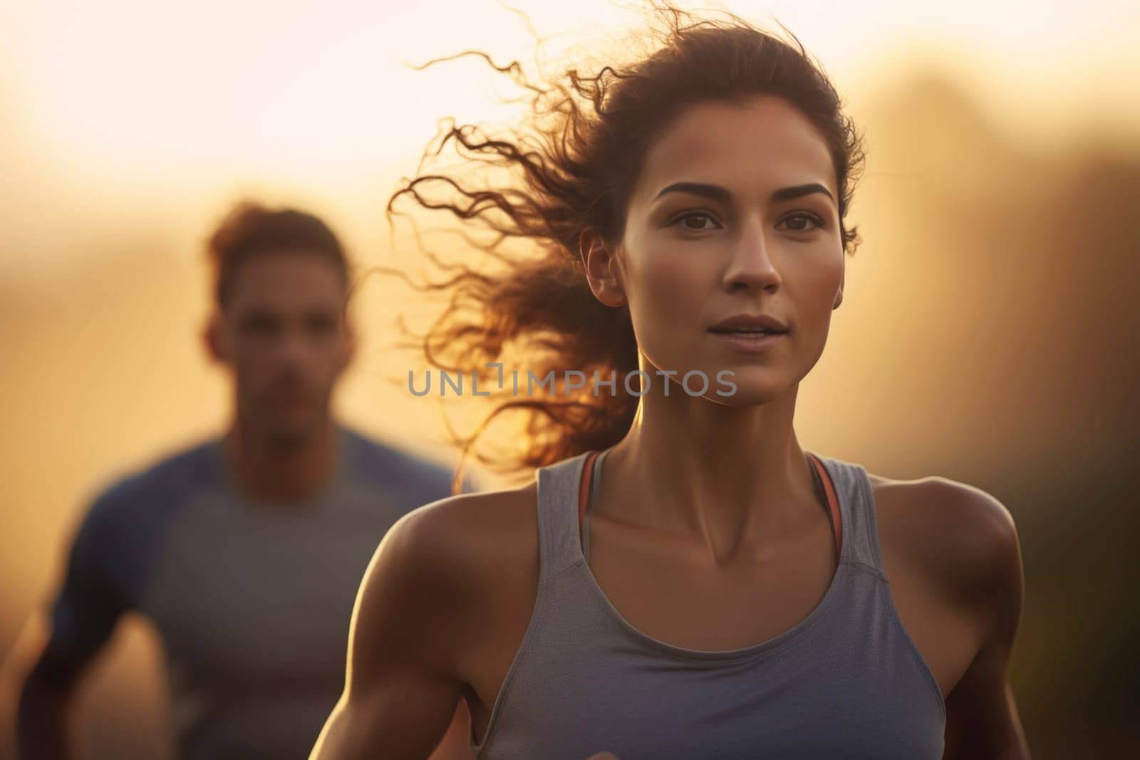 Man and woman jogging at sunset in urban environment. by andreyz