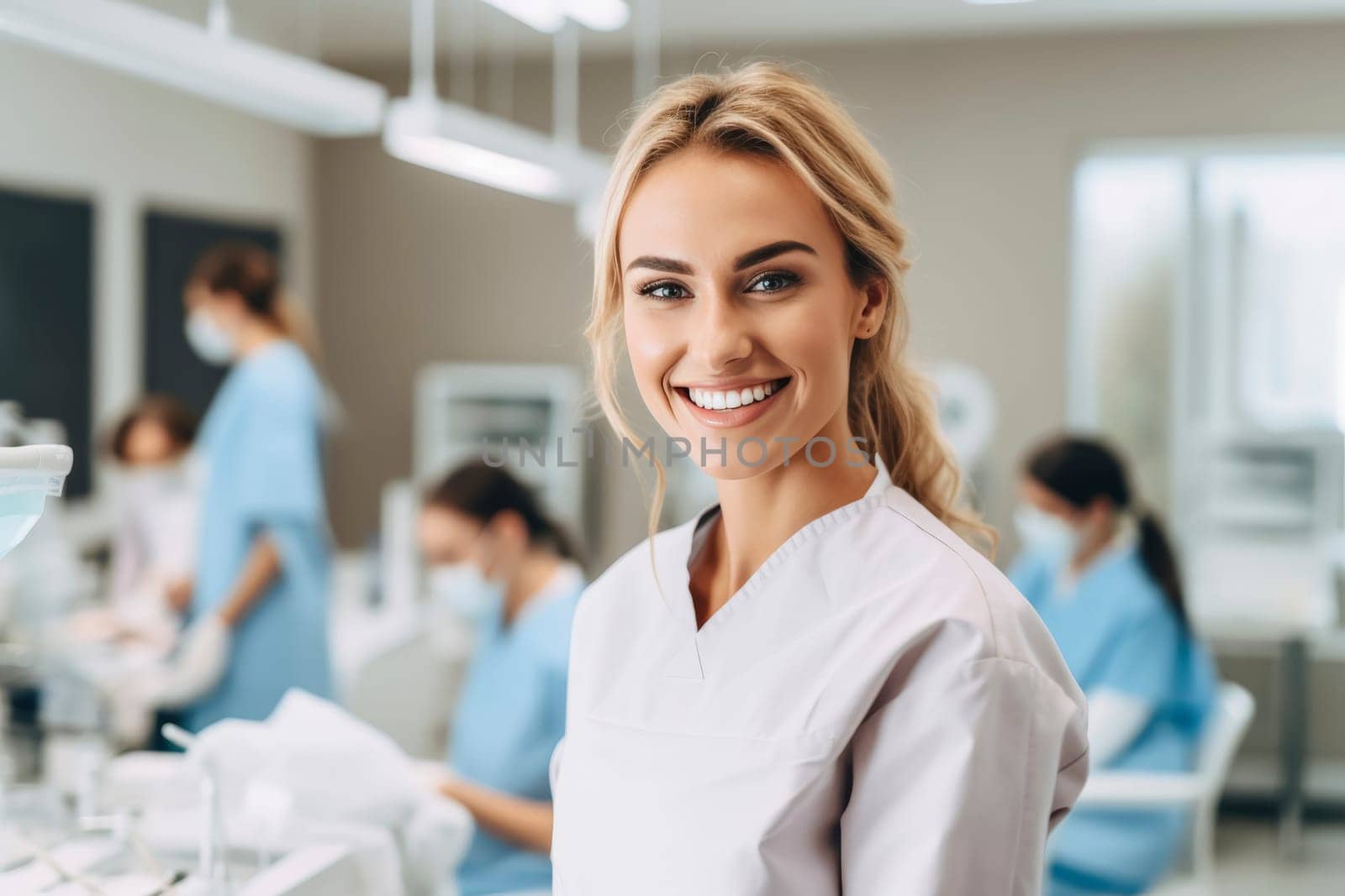 A radiant female dentist smiles confidently in a busy dental clinic, showcasing a welcoming and professional healthcare environment.